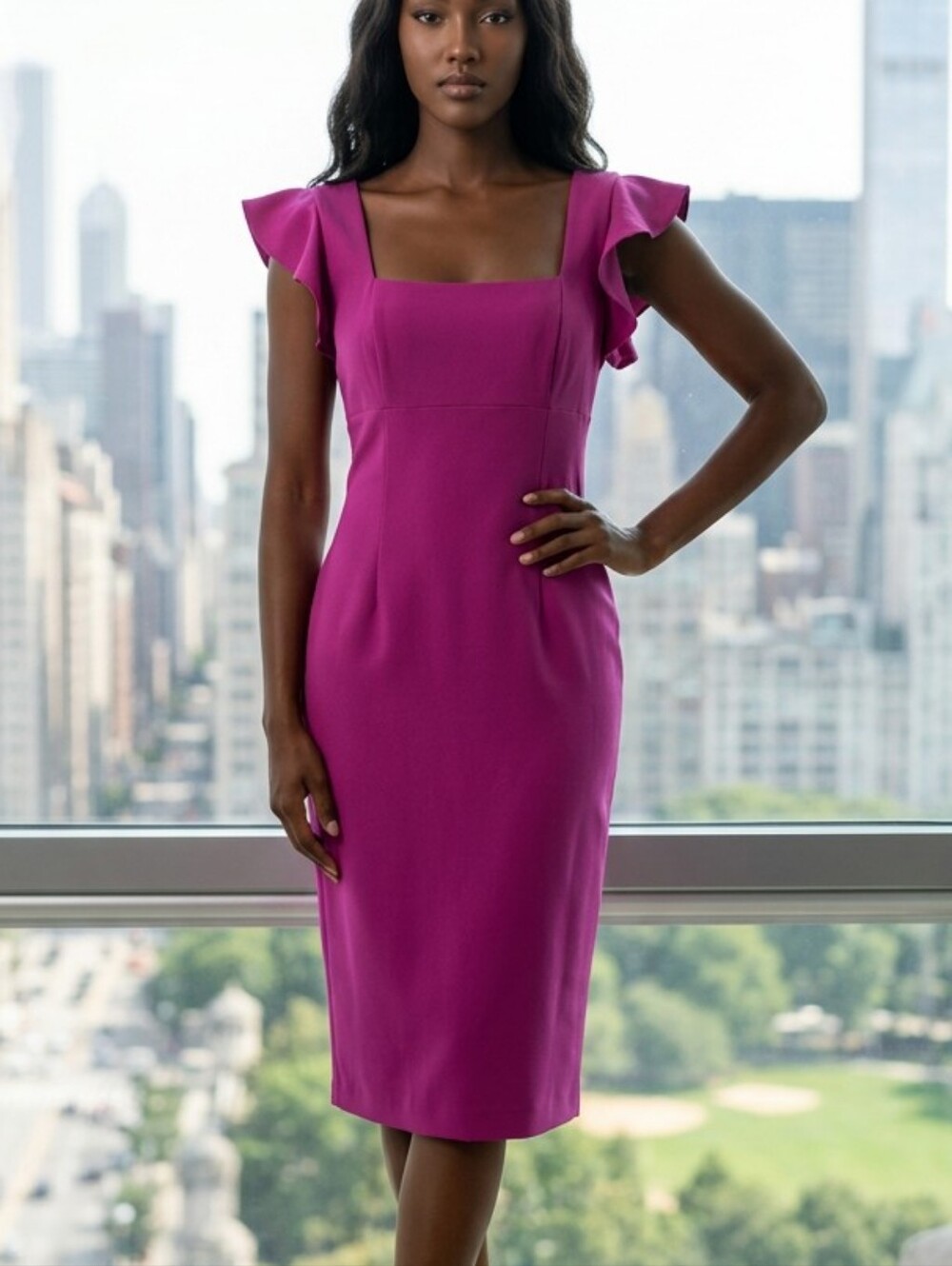 ANTONIO MELANI Fuchsia Square Neck Flutter Sleeve Midi Dress